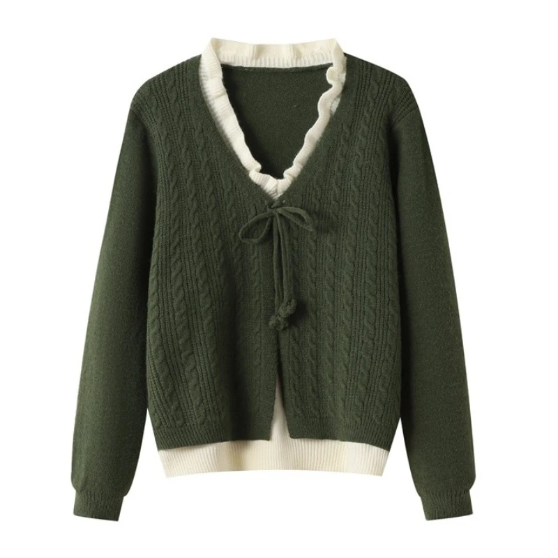 

Осень-зима 2022, винтажный утепленный пуловер, женский искусственный свитер из двух предметов, лоскутный свитер с v-образным вырезом, топы на шнуровке с длинными рукавами