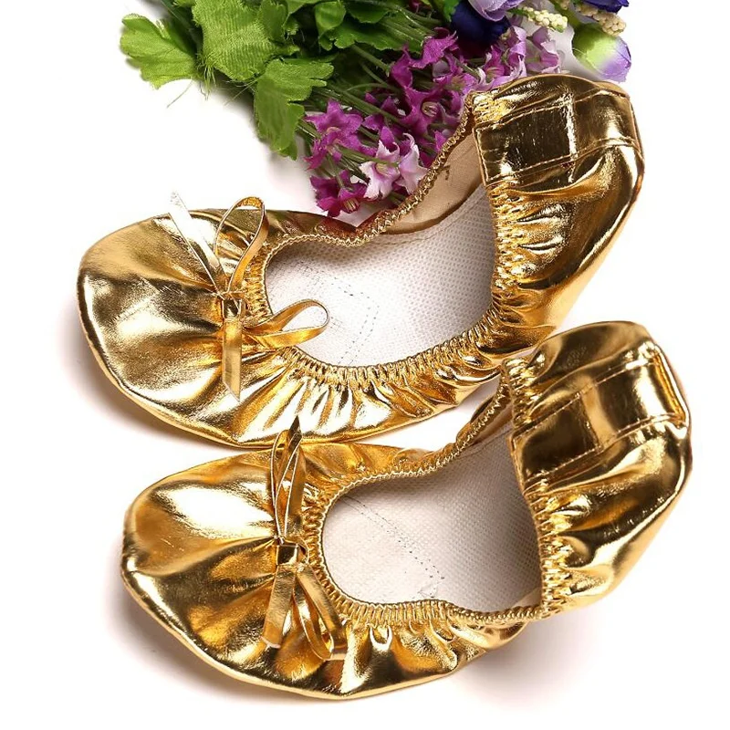 Bowknot Belly Dancing Shoes Golden Foldable Indian Dance Shoes Breathable Soft Ballerina Flats Ladies