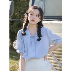 Folds Shirts and Blouses Korea Solid Summer Top 2024 Elegant Youth Woman Blouses Button Peter Pan Collar Short Sleeve Clolthes