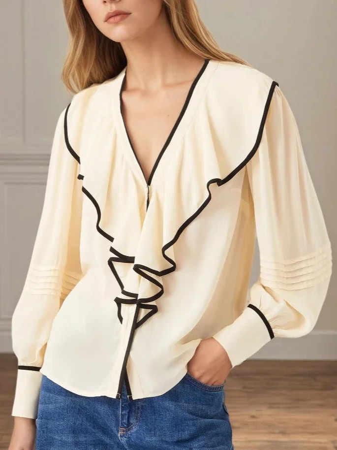 

Yaminiya осенняя новая женская рубашка с v-образным вырезом в стиле ретро, свободный плиссированный топ с цветными блоками и рюшами, модный повседневный универсальный топ 2025