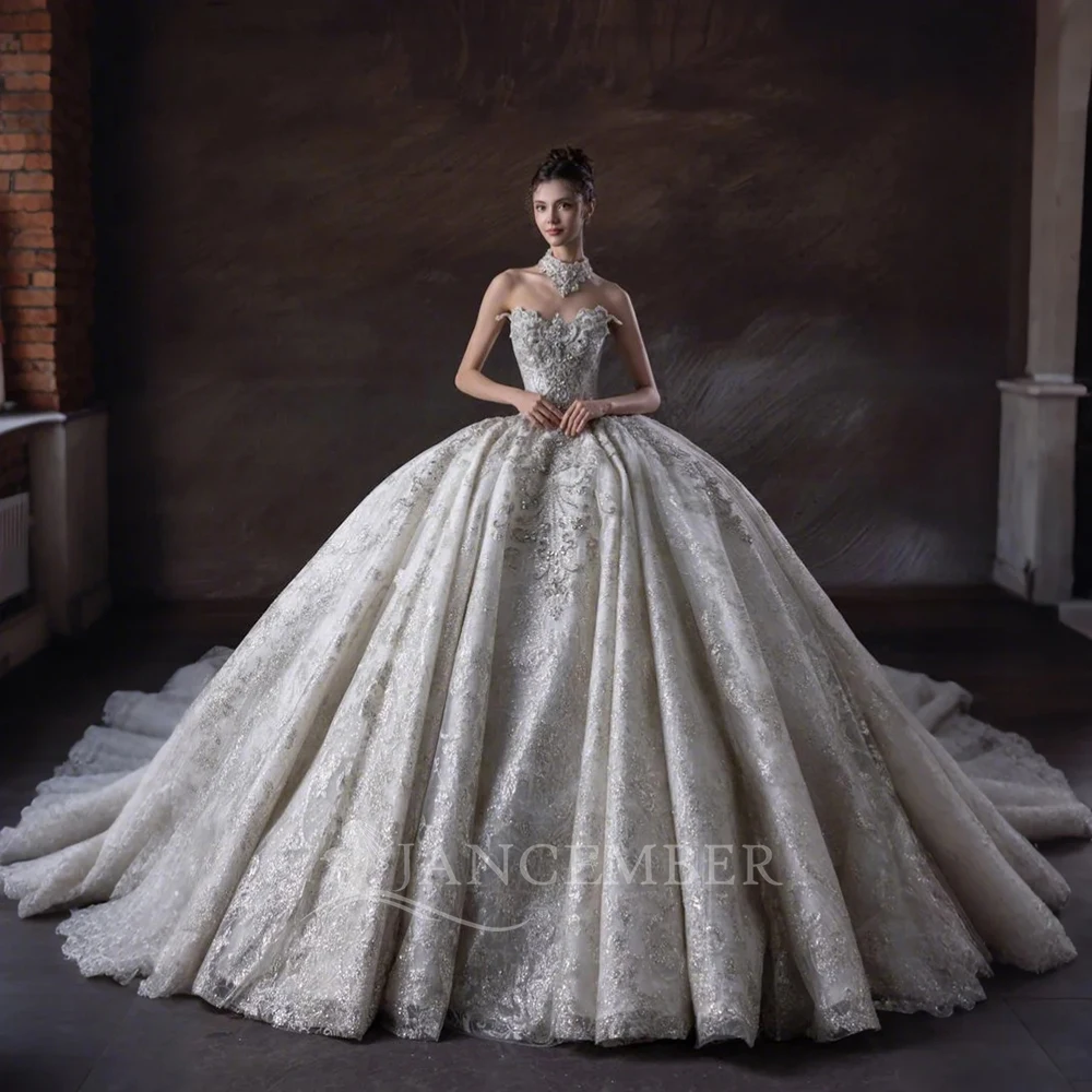 Customized Elegant Strapless Wedding Dress For Women With Gloves Lace Glitter Tulle Bridal Gown Ball Gown vestidos de novia boda