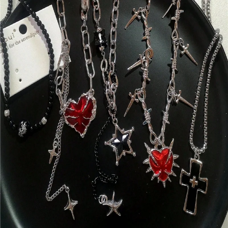 5Pcs Gothic necklace set with barbed wire dagger, red thorn heart, black star cross, mixed chain, stackable necklace, jewelry