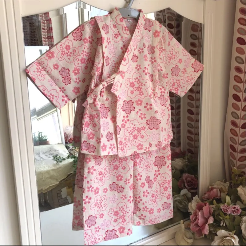 2025 Creative Cotton Japanese Kids Yukata Girl Kimono Top Pants 2-Piece Set Children's Long Sleeve Pyjama Pink Sleepwear LI128