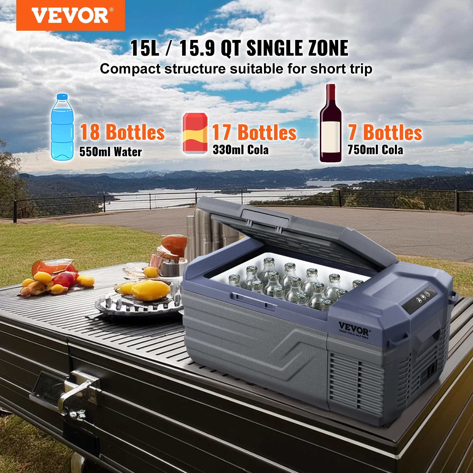 VEVOR 15L Car Refrigerator,12V Car Fridge,Single Zone Portable Freezer,-4℉-68℉ Range,12/24V DC and 100-240V AC Compressor Cooler