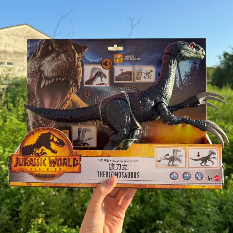 En stock: Juguete de dinosaurio con efectos de sonido de la película Jurassic World Dominion, modelo de Therizinosaurus con garras, juguete para niños GWD65, colección de regalos