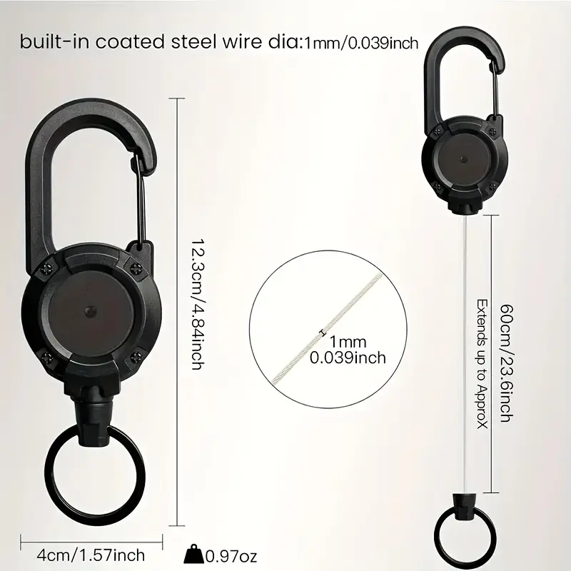 2Pcs Retractable Keychain with Steel Cable & Secure Clip-On Design Durable Black Outdoor Buckle for Camping Hiking Backpacking - 4