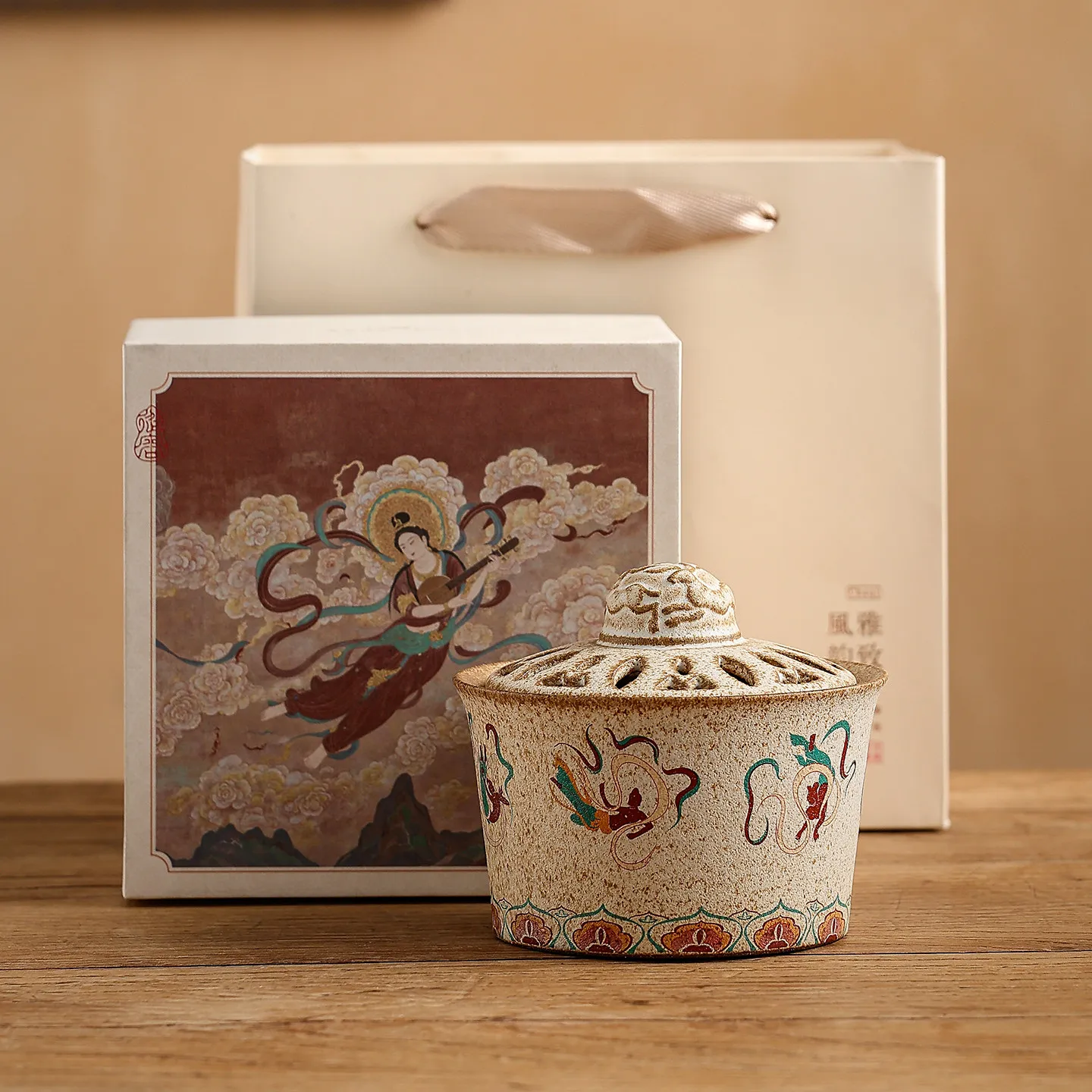 Dunhuang Heavenly Bodhisattva Ceramic Incense Burner Retro Chinese Style Incense Plate Decorative Incense Holder for Home Tea Ro