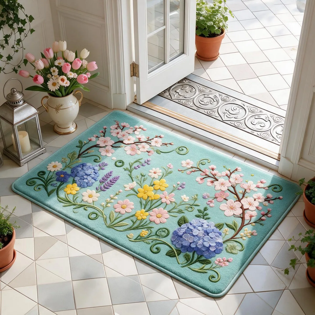 Tappeto da ingresso in flanella stampata e più spessa, tappetino quadrato con superficie morbida e vellutata, materiale assorbente e retro in PVC anti