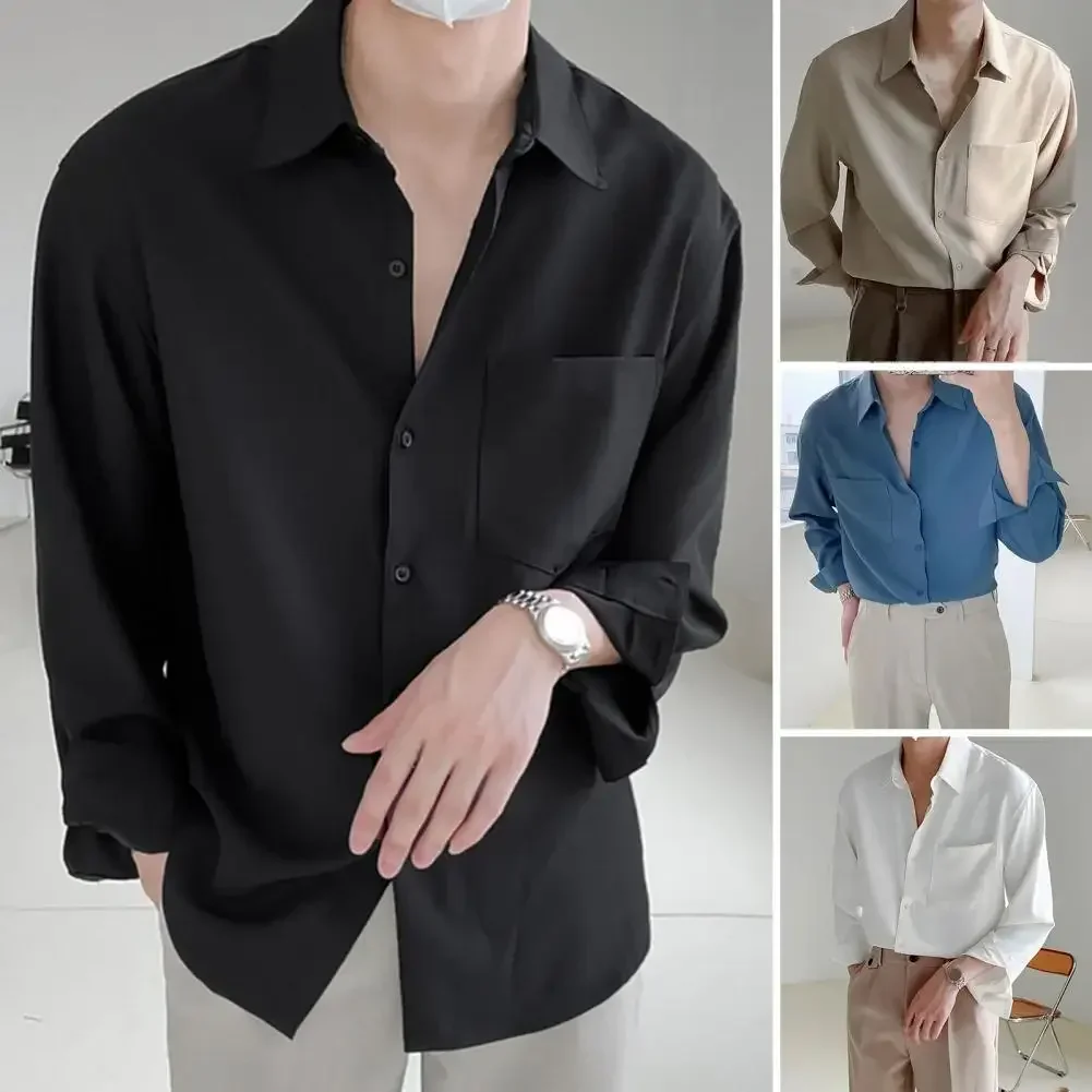 

Casual Men Lapel Long Sleeve Single-breasted Patch Pocket Draped Men Shirt Slim Fit Solid Color Business Dress Shirt Top