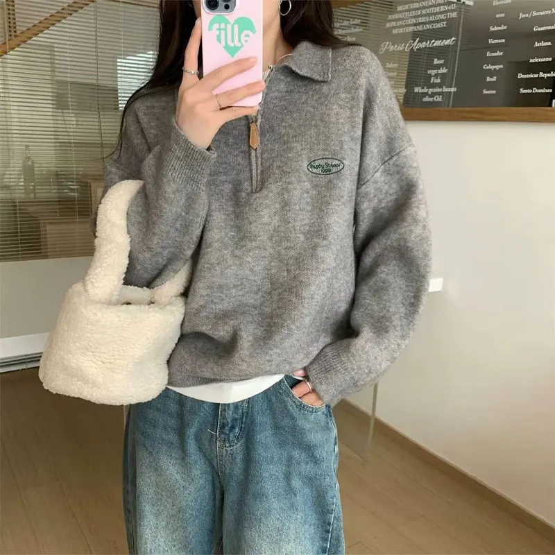 Korean Polo-Neck Zipper Jumpers Knitted Female Clothing Letter Stylish Embroidery 2024 Autumn Winter Casual Long Sleeve Sweaters