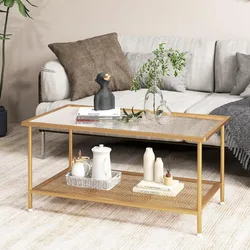 Glass Coffee Table, 2-Tier Rectangular Tempered Center Tables w/Metal Mesh Storage Shelf, Modern Accent Desk