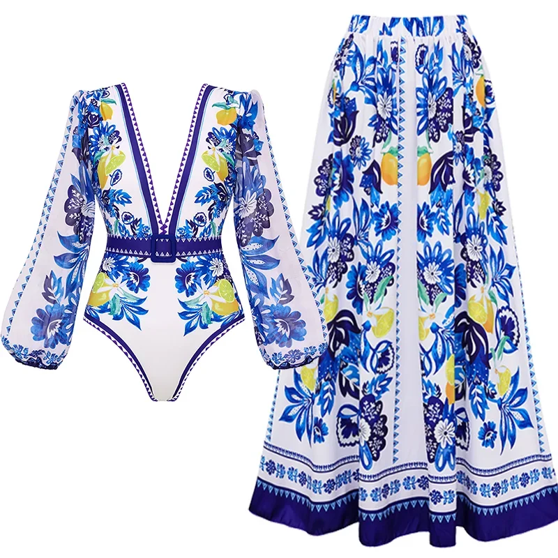 

Lemon and Creative Pattern Print Swimsuit and Skirt for Women, 1-Piece Beachwear, 2-Piece Bathing Suit