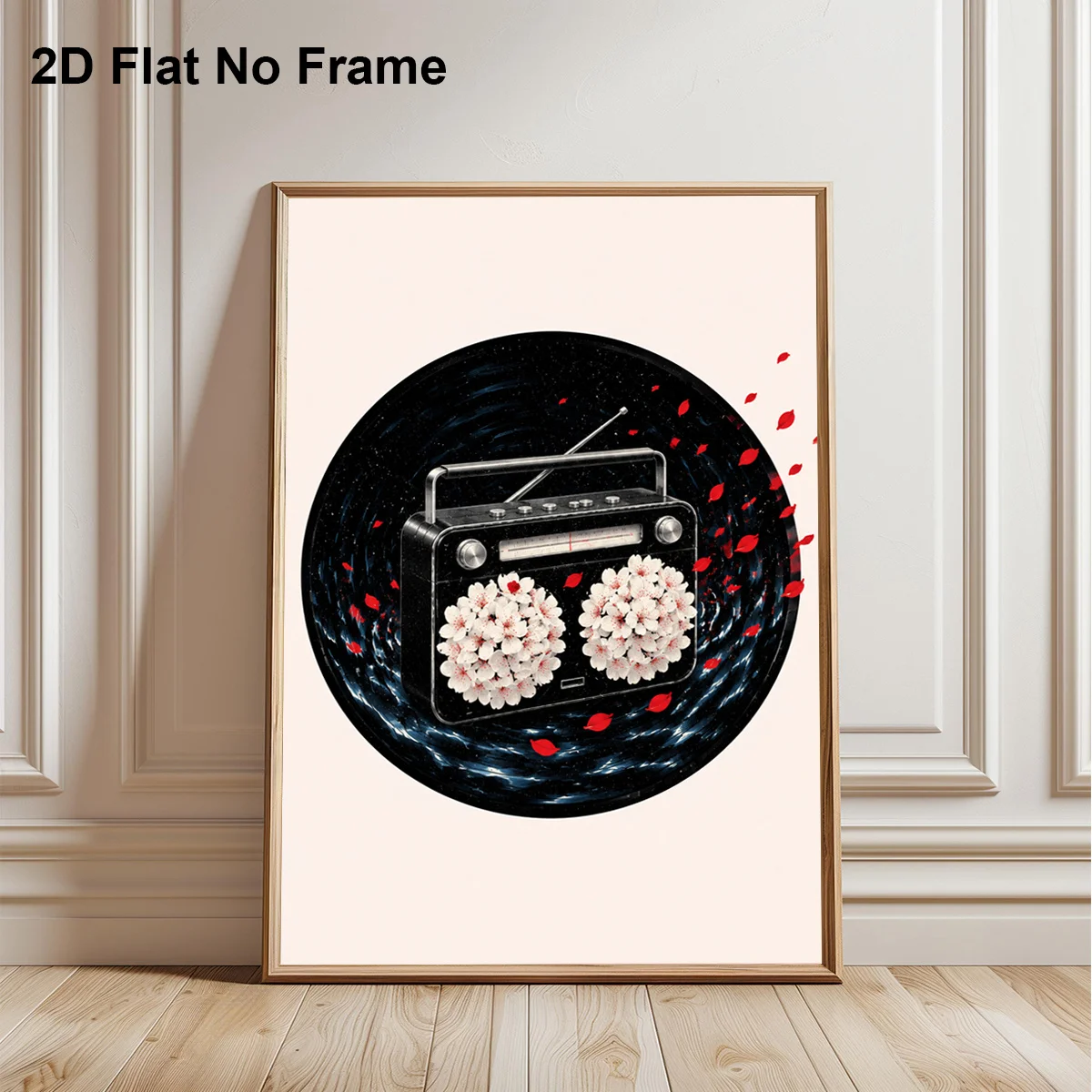 2D Flat, 2D Flat, 1pc Frameless Canvas Poster, Retro Radio Surrounded by Blooming White Flowers And Falling Red Petals in a G