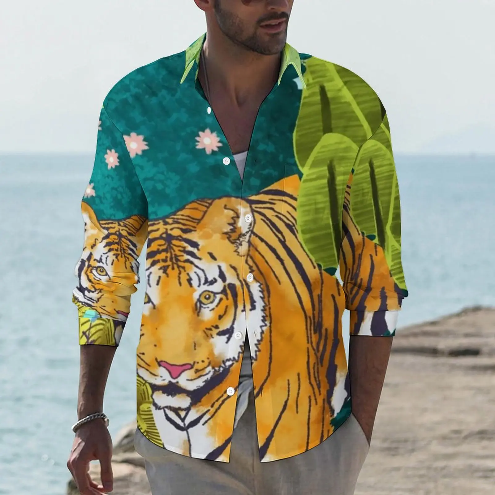 

Jungle Tiger Shirt Wild Animal Casual Shirts Long Sleeve Graphic Funny Blouses Spring Trending Oversized Clothing