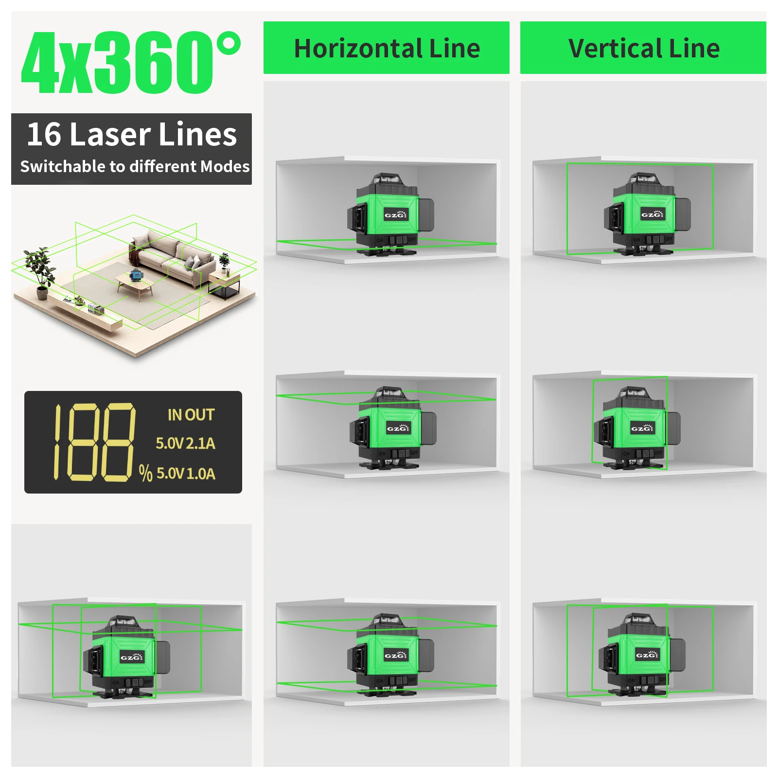 GZG 16-Line Laser Level Pro, USB Cable 18650 Lithium Battery, 0.4-1mW Green Beam for Construction, DIY Projects