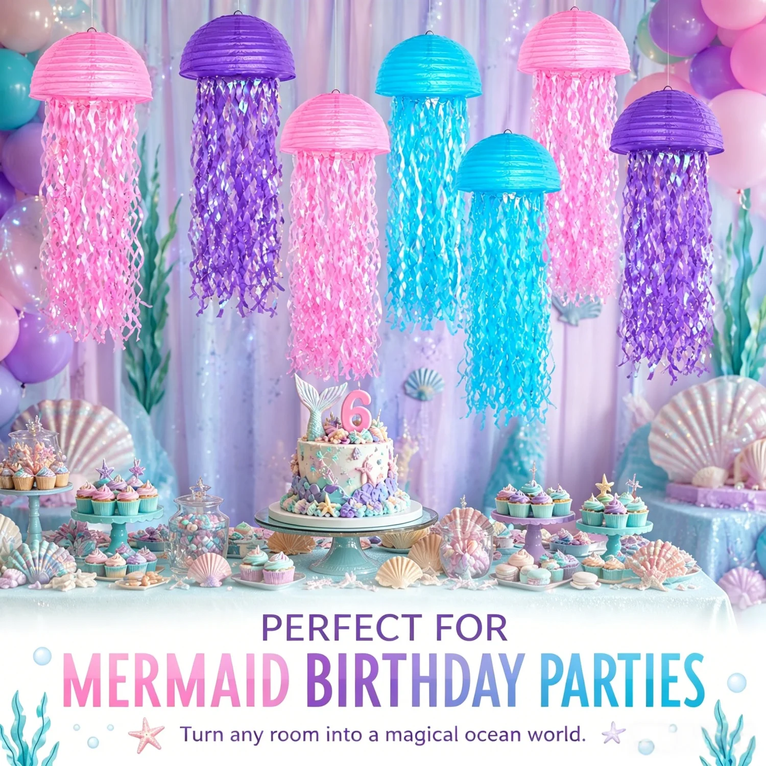 Jellyfish Paper Lanterns, Pink Purple Blue Under The Sea Party Decorations, Mermaid Birthday Decor, Ocean Themed Baby Shower view 4