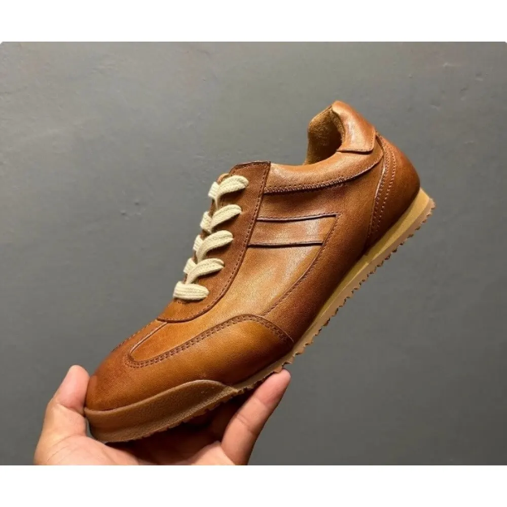Vintage Caramel Burnished Leather Sneakers, with off-white laces and gum sole, stylish and comfortable,