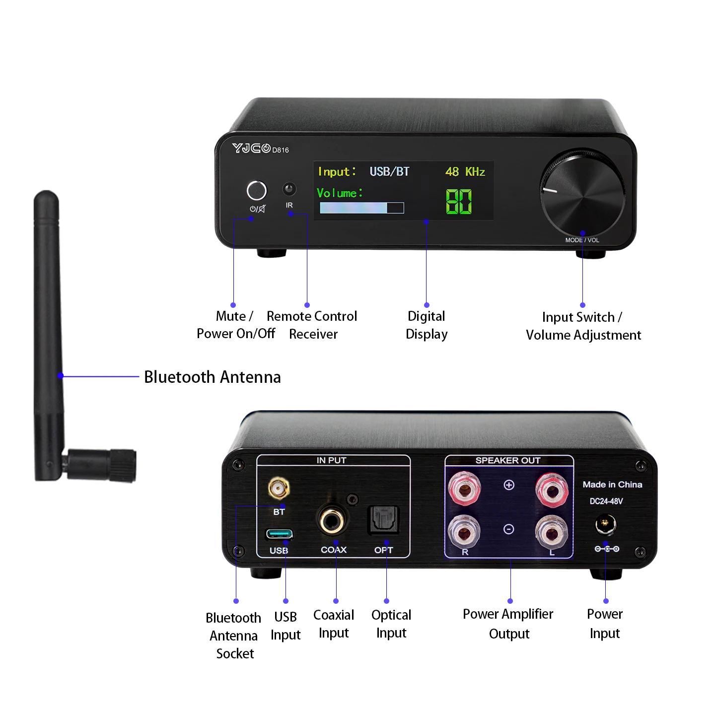 Wzmacniacz mocy cyfrowy Hi-Fi YJCO D816 o wysokiej wierności, 300W*2, Bluetooth, bezstratny wzmacniacz audio domowy, układ ACM8816 z azotku galu. — zdjęcie produktu 2