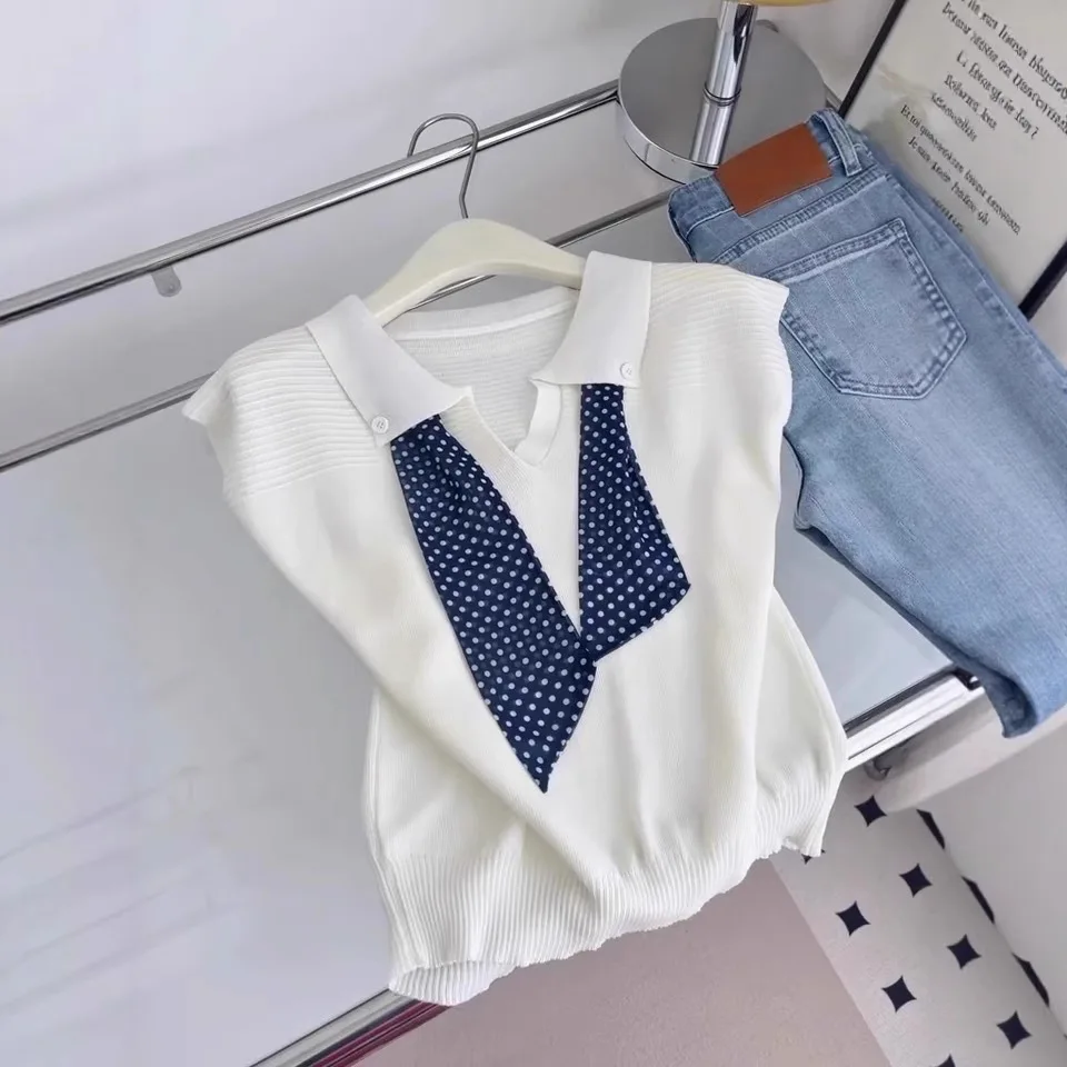 2026 Temperament Sense Contrasting Color Streamer Splicing Short-sleeved Knitted Sweater Summer New Niche Slim And Thin Top