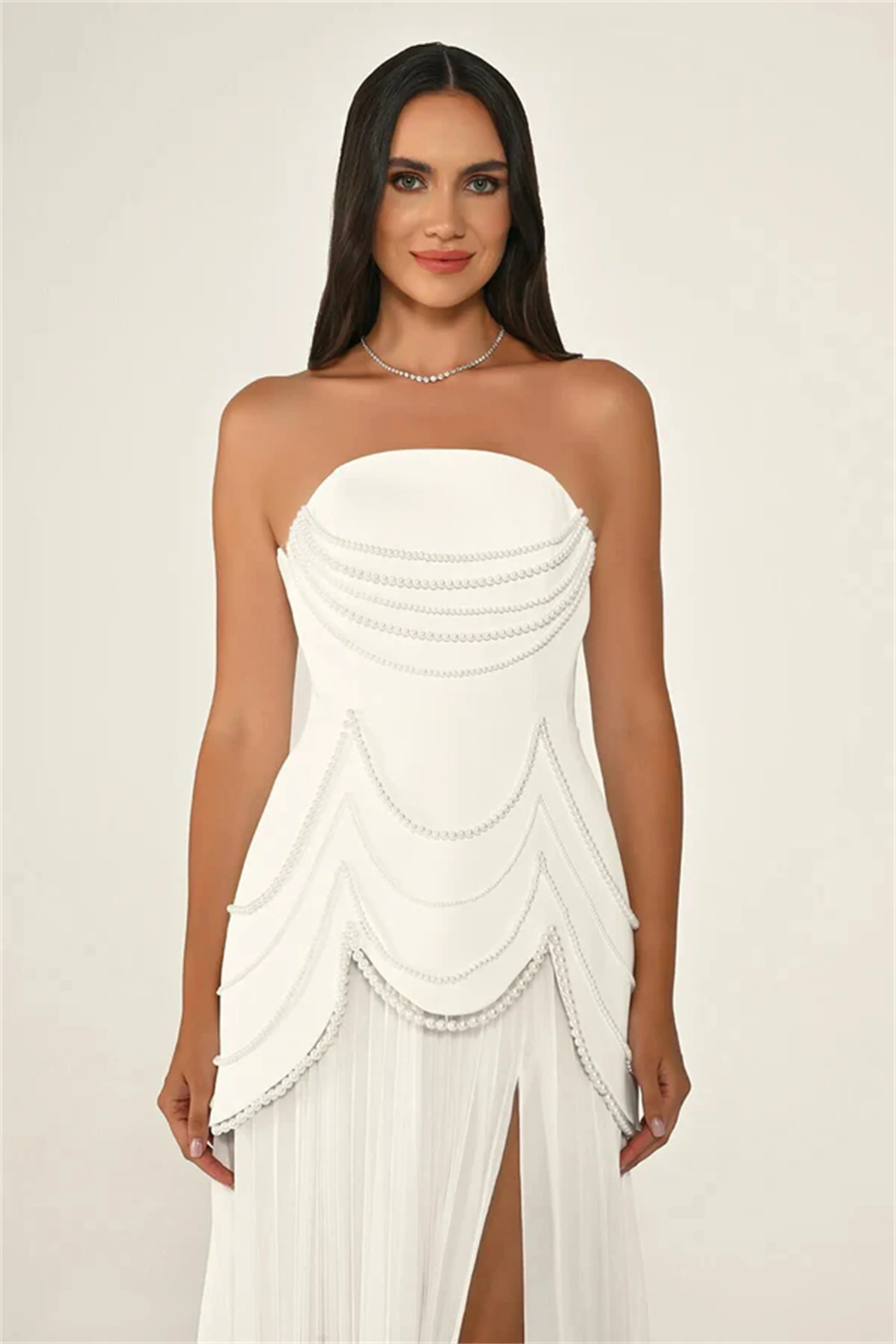 فستان سهرة أنيق رائع بدون حمالات مخصص بطيات على شكل حرف a طويل مطرز بالخرز فساتين حفلات رسمية EVON BRIDAL