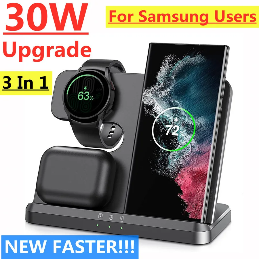 

30W 3 in 1 Wireless Charger Stand For Samsung S22 S21 Fold 4 Galaxy Watch 5 Pro 4 3 Active 2/1 Buds Fast Charging Dock Station