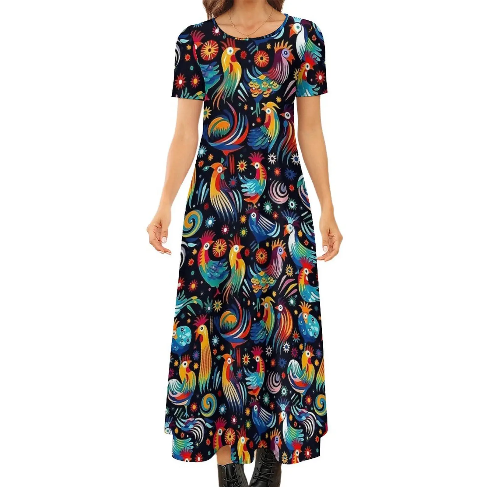 Whimsical Chickens Dress Abstract Animal Vintage Maxi Dress Aesthetic Bohemia Long Dresses Women Short Sleeve Big Size Vestidos