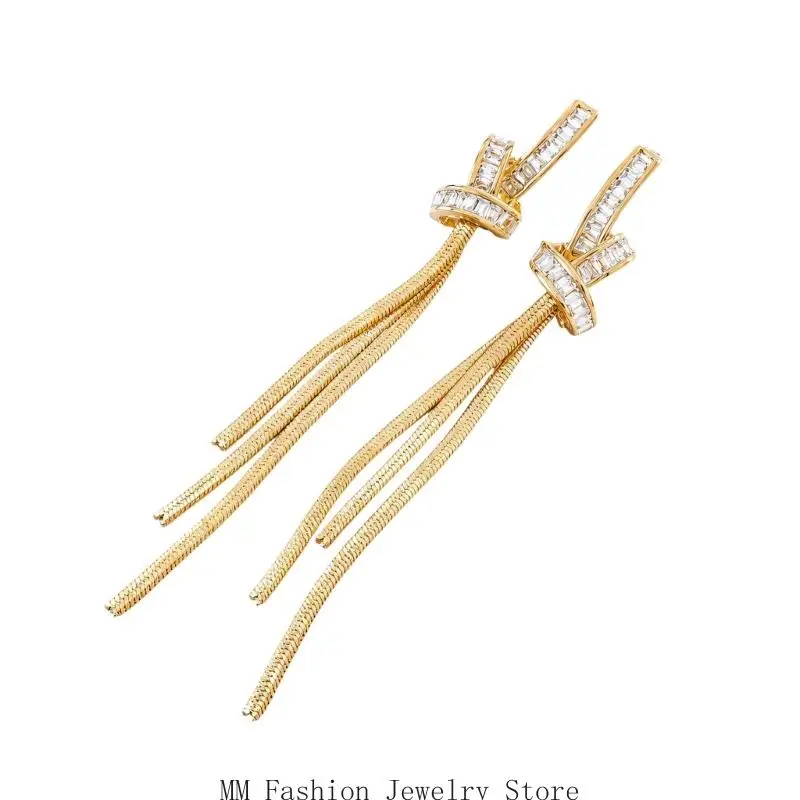 Copper Geometric Drop Earrings with Zircon-Detail Knots, Straight Hanging Chains, and a Left-and-Right Pair for Wear D0UB