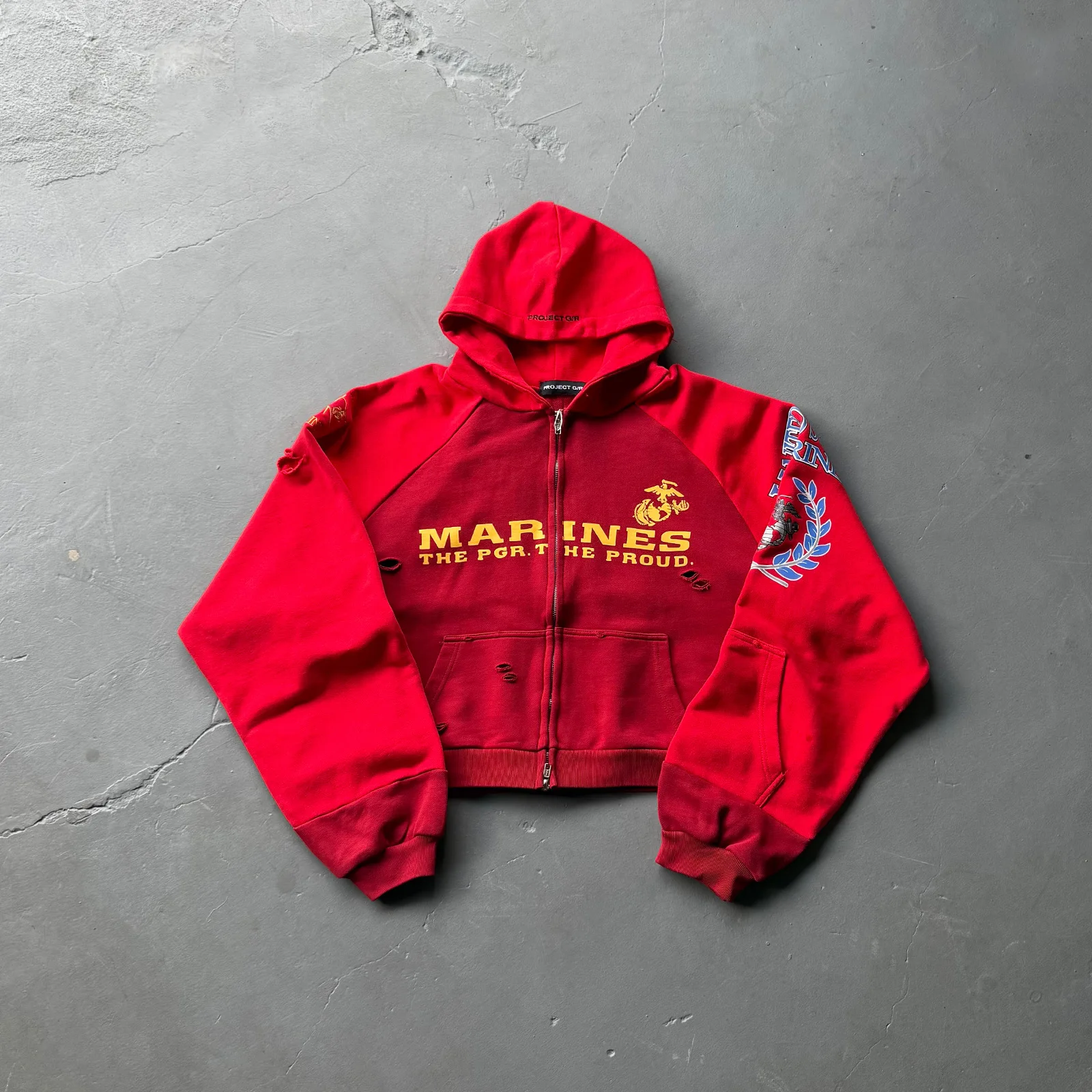 

Grailz Project G/R Premium Distressed Patchwork Zipper Hoodie Jacket with Embroidery