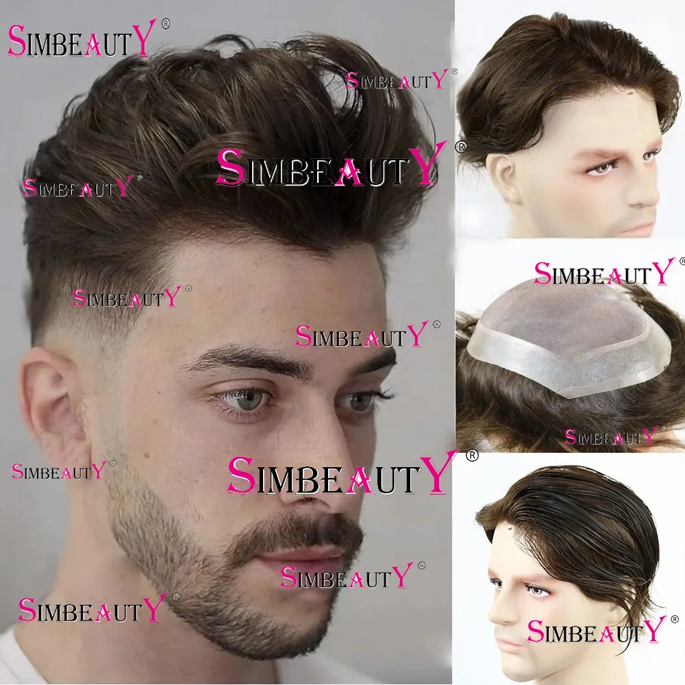 Natural Frontline Super Durable Fine Mono Lace&PU Brown Black Mens Toupee 100% Human Hair Prosthesi Capillary Man Breathable Wig