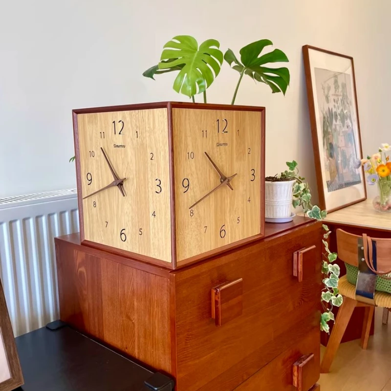 Creative Corner Clock Walnut Color Wall Clock Square Simple Double Sided Wall Clocks with Arabic Numeral Scale Restaurant Decor