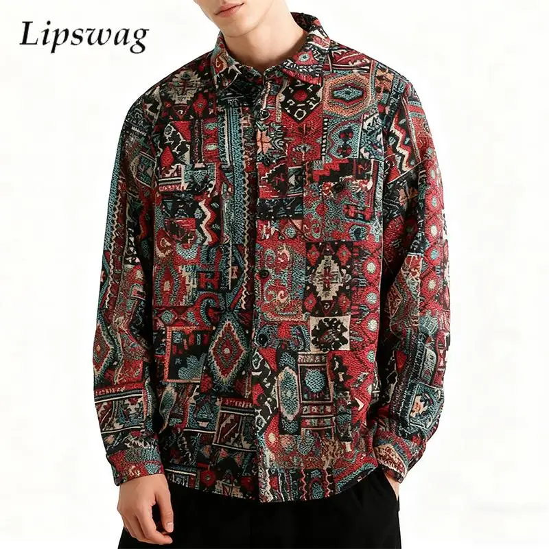 

Куртка с геометрической текстурой в этническом стиле, мужские осенние винтажные куртки с отложным воротником, уличная одежда, модная мужская верхняя одежда на пуговицах