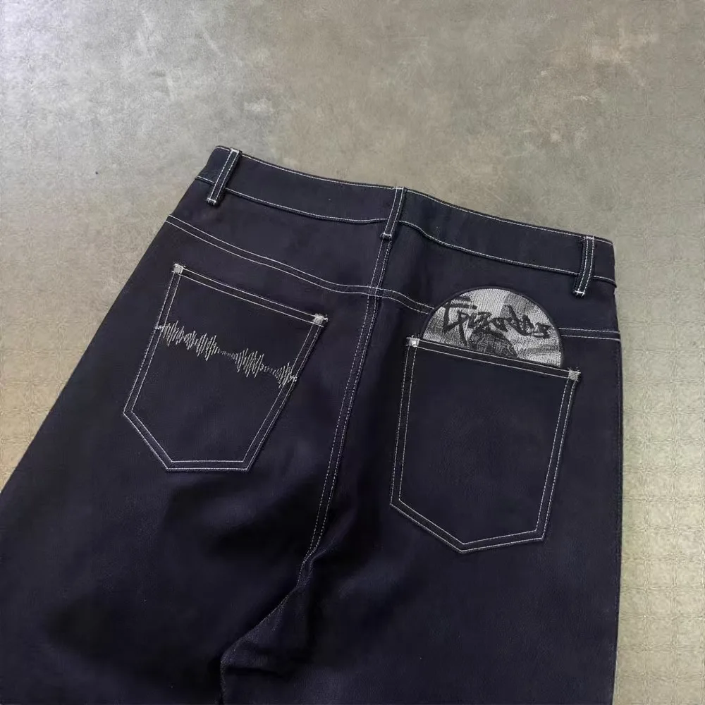 

Ретро-джинсы черного цвета с вышивкой в виде диска, модные уличные широкие брюки для мужчин и женщин, в стиле хип-хоп, харадзюку, повседневные свободные брюки