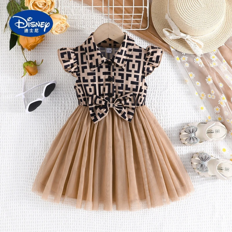 

Disney Girls' Summer Dress with Checkered Pattern, Mixed Materials & Flutter Sleeves