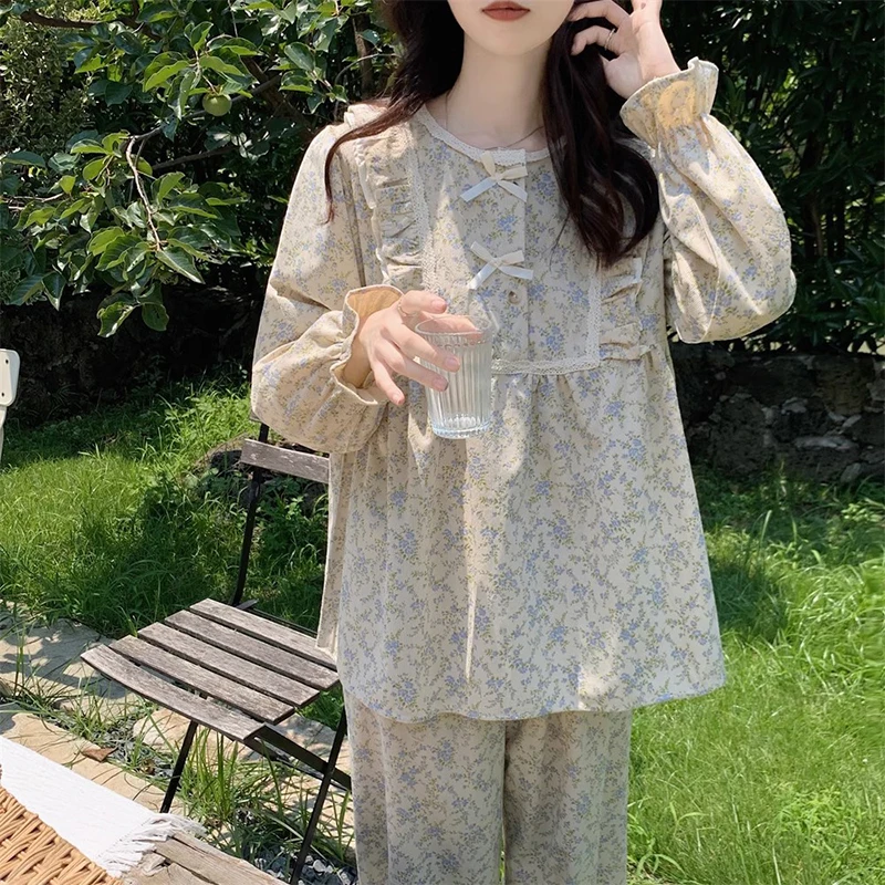 Spring And Autumn Small Floral Round Neck Long Sleeve Loose Pants Home Casual Pajamas Set