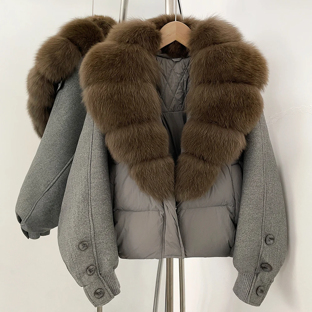 White Duck Down Jacket Women Autumn Winter Warm Loose Patchwork Sleeves Natural Real Fur Collar Coat Female Thick Puffer Jacket