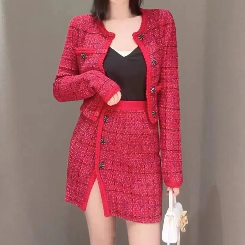 

Elegant Lady Red Tweed Skirts Set Casual O-neck Long Sleeve Knitted Coat Spring 2023 Vintage High Waist Skirt Suit for Women