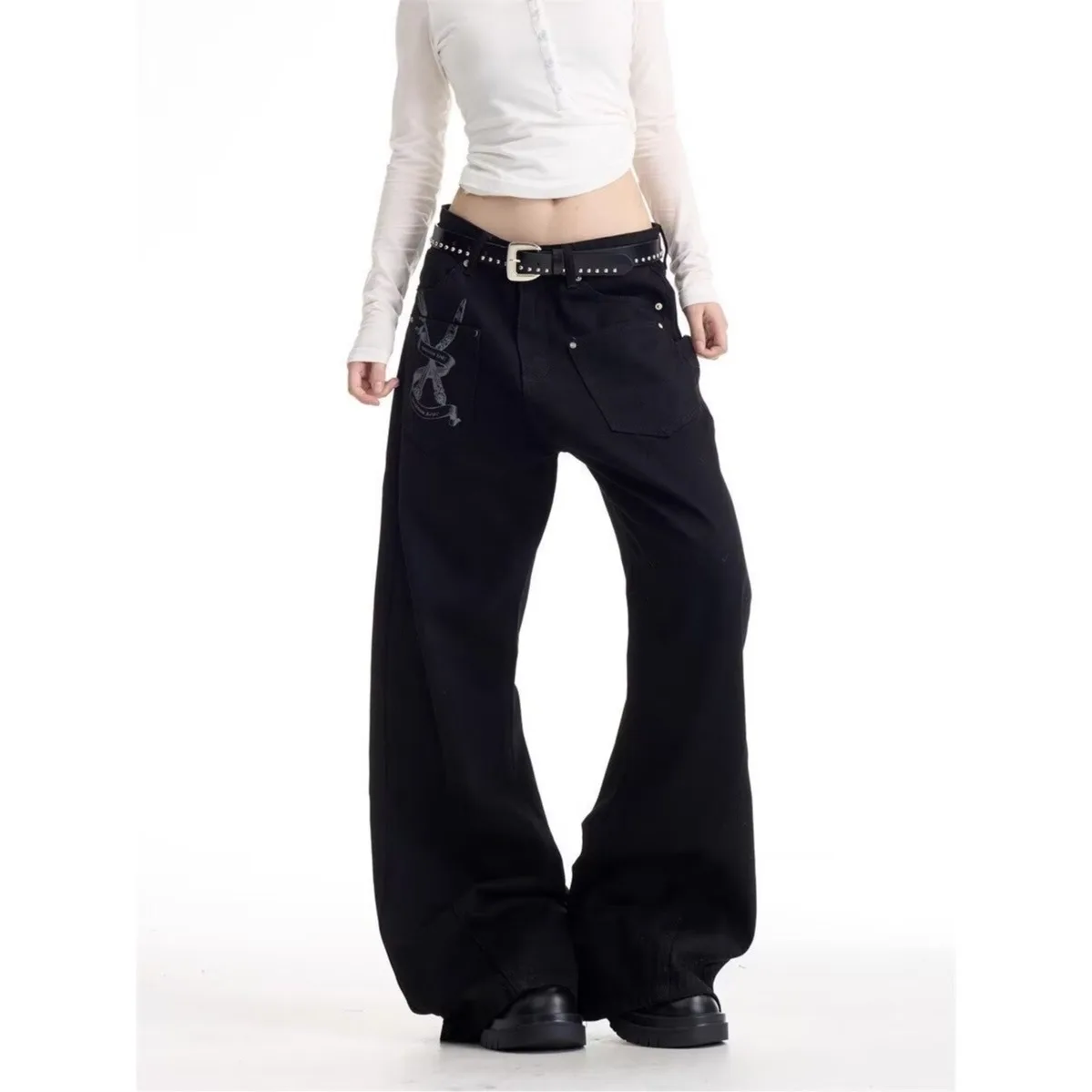 جينز أمريكي ريترو للرجال صيفي عصري ماركة رائعة وعصرية سراويل شارع متفجرة سراويل سوداء فضفاضة #4