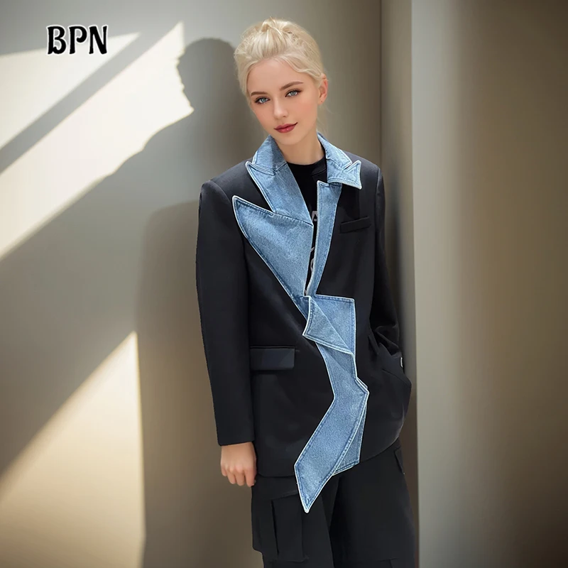 

BPN Casual Patchwork Pockets Hit Color Blazers For Women Notched Collar Long Sleeve Spliced Denim Loose Blazer Female Fashion