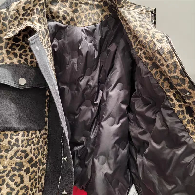 WTHT Trendy Women\'s Leopard Spliced Denim Motorcycle Jacket 2024 Autumn Fashion Cotton Liner Long Sleeves Coat Female 1LS121