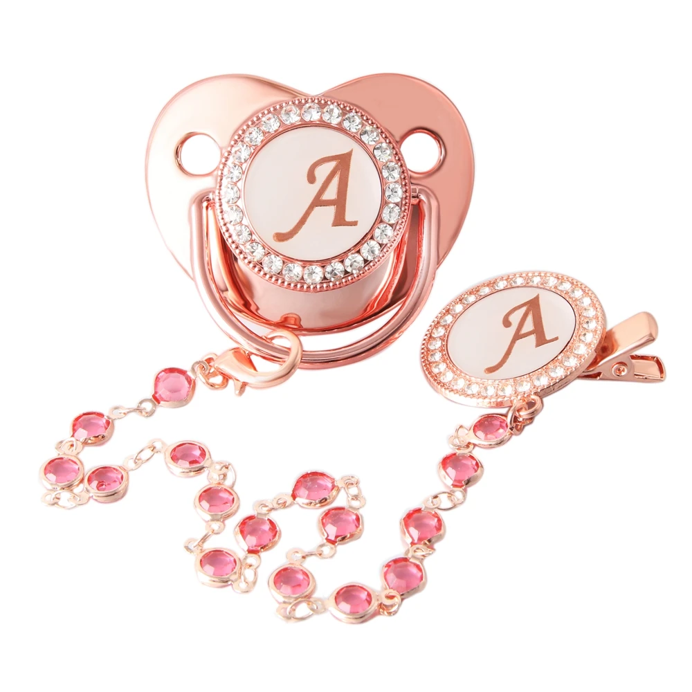 26 Initial Letters Pink Baby Pacifier With Bead Chain Clip