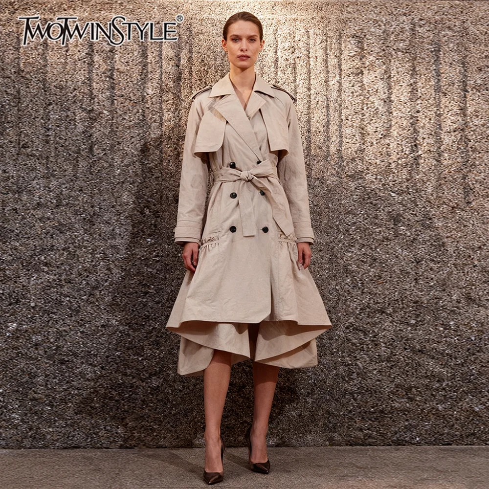 

TWOTWINSTYLE Solid Slimming Spliced Lace Up Fashion Trenchs for Women Lapel Long Sleeves Patchwork Ruffles Folds Trench Female