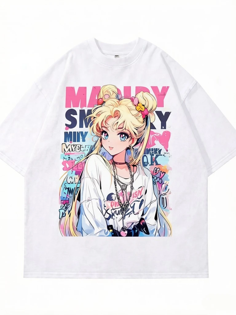 Daiwing Pretty Girl Cool and Chic White Short-Sleeved T-Shirt for Male Anime-Style Retro Couple Outfit of High Quality