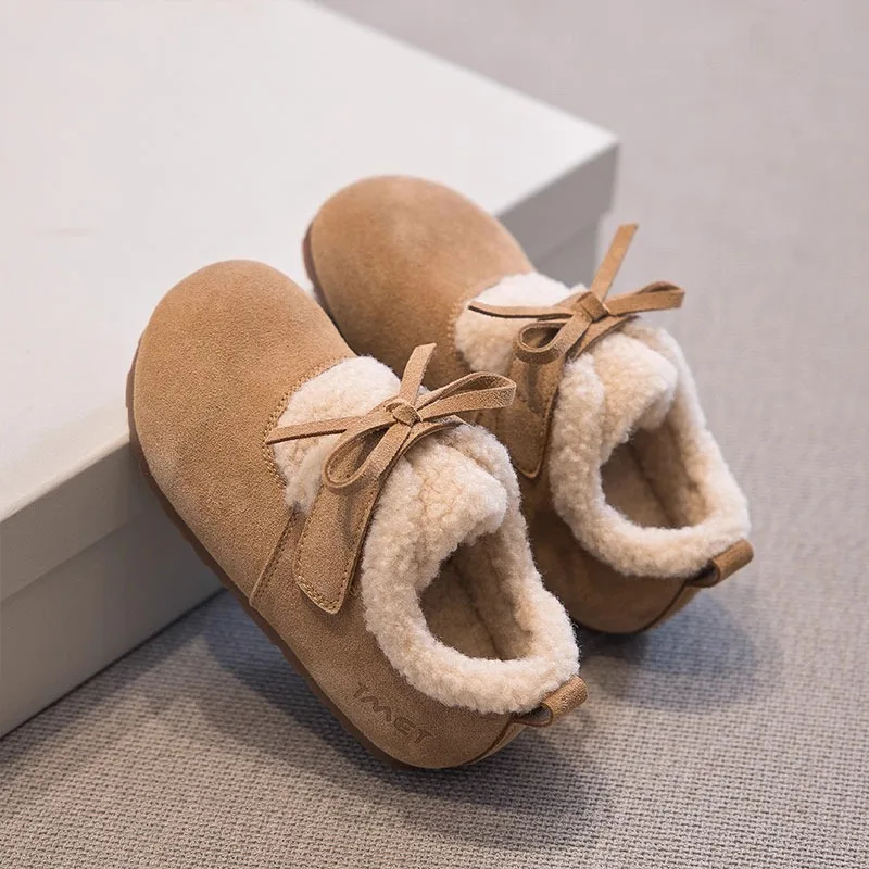 

Fashion Children's Girls Winter Cotton Shoes Kids Soft Bottom Outdoor Princess Shoes Warm Bowknot Flat Bottom Plush Causal Shoes