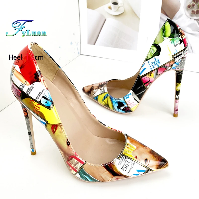 European and American Style Pointed Single Shoes Women 8-12CM Fashion Graffiti High Heels Pumps Trend Lady Shoes Plus Size 45 46