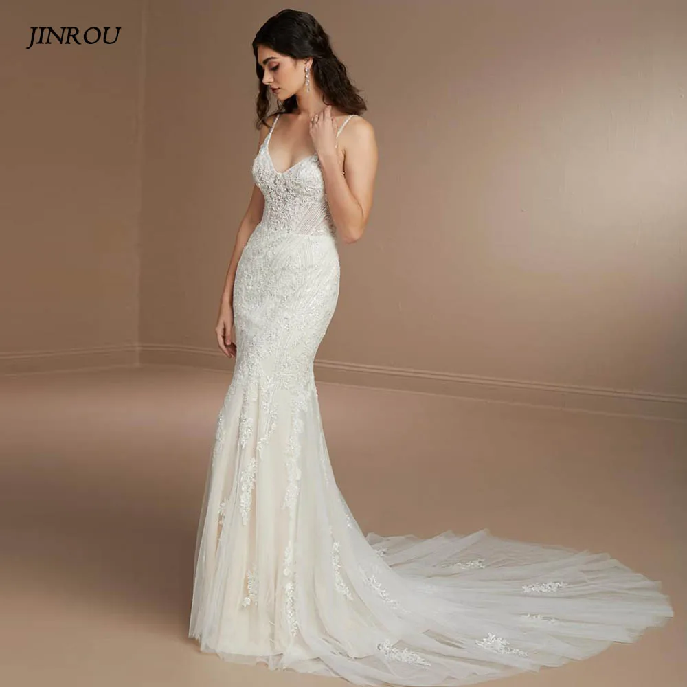 Wedding Dresses Sweetheart Mermaid Bridal Gowns Spaghetti Strap Openless Lace Appliques Sweep Train Vestidos de novia Customized