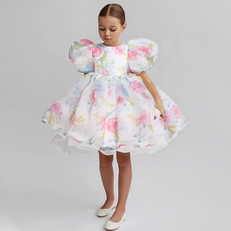 Girls White Cake Layers Dresses Kids Pull Sleeve Elegant Party Wedding Birthday Tutu Princess Vestidos Children Summer Clothes