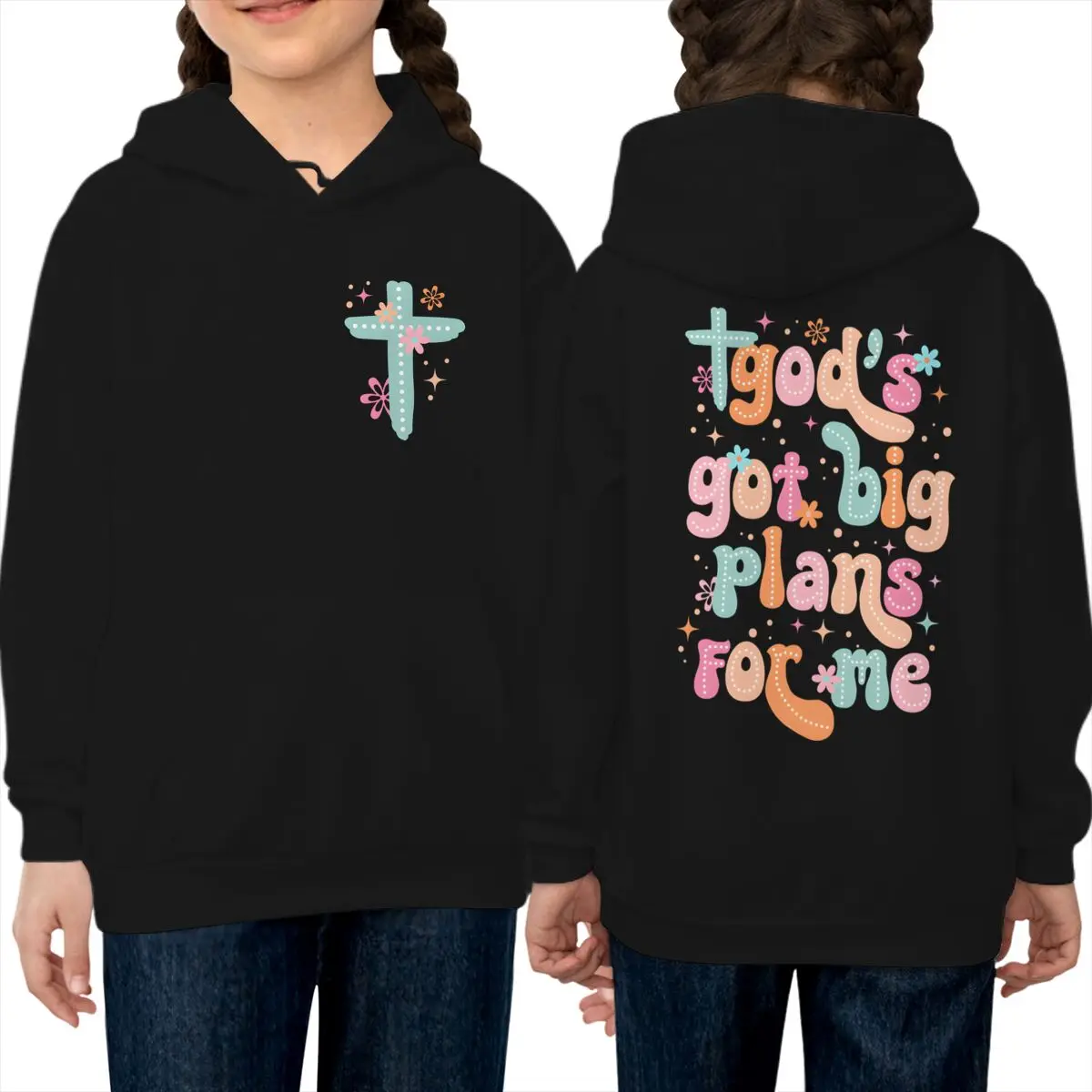 

Одежда для девочек с крестом Иисуса God's Got Big Plans for Me, толстовки с принтом, милая креативная одежда с героями мультфильмов на основе веры для девочек