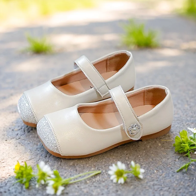 Girls' Silver Shoes 2026 Spring Girls' Fashion White Flats Princess Shoes Soft Soles  Performance Shoes