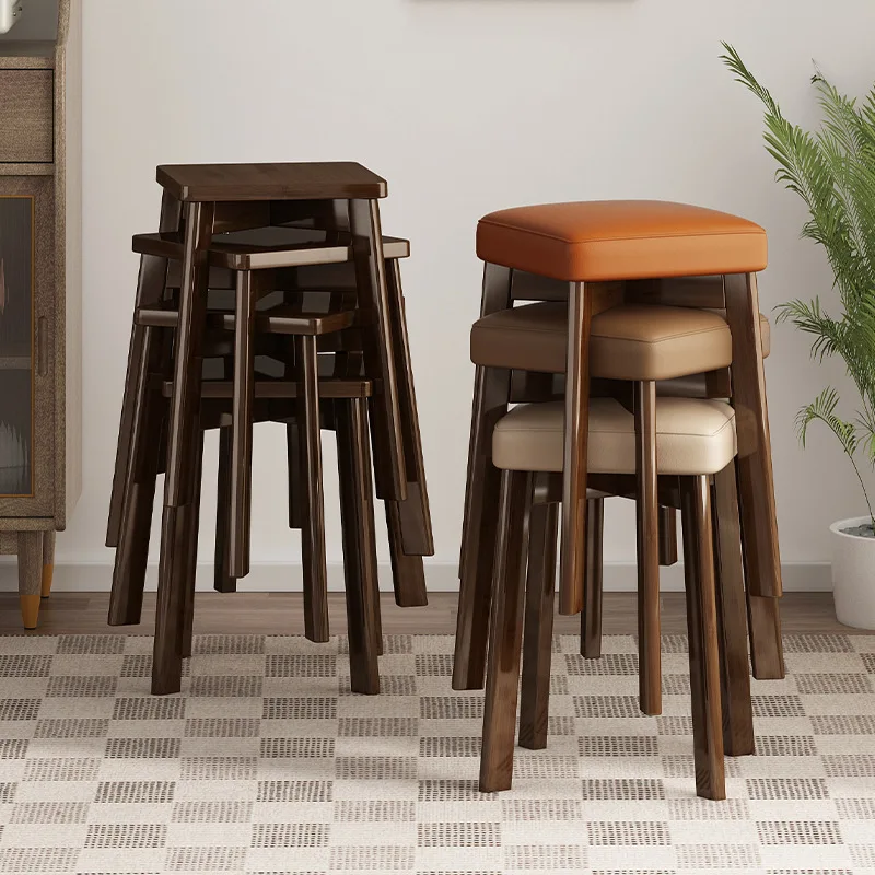 

New Chinese Style Solid Wood Upholstered Dining Chair Stackable Bar Stool Cute Round Stool Compact Modern Kitchen Seat Chair
