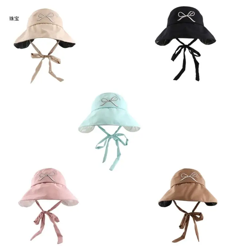 

X5QE Embroidered Bow Fisherman Hat with Strap Bucket Hat For Girls Bow Fashion Strap Bucket Hat Multiple Color